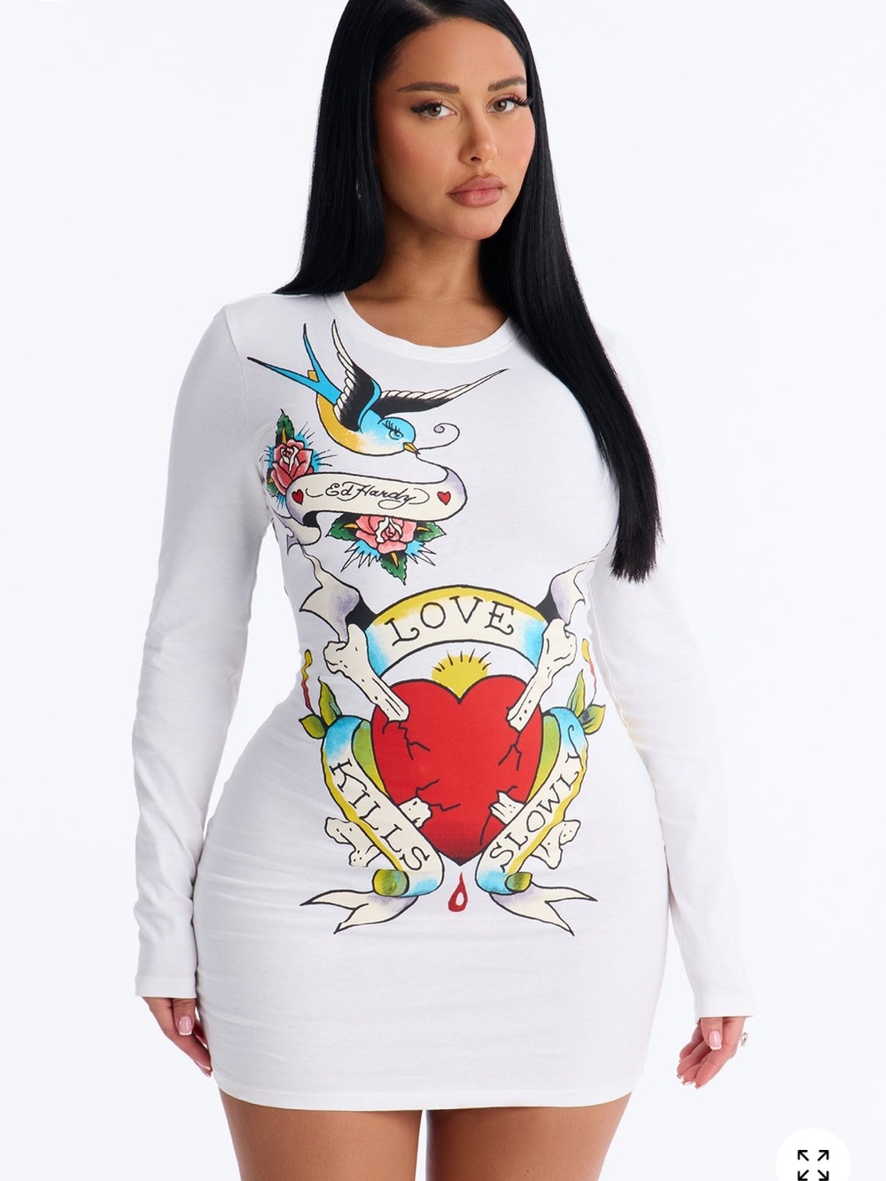 Brand New Ed Hardy White Tattoo Heart Graphic Long Sleeve Mini Dress
